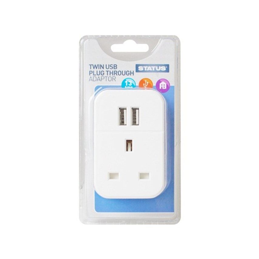 Twin USB Plug Through Socket Adapter - White - Single Pack - S2USBPTAWH1PK3
