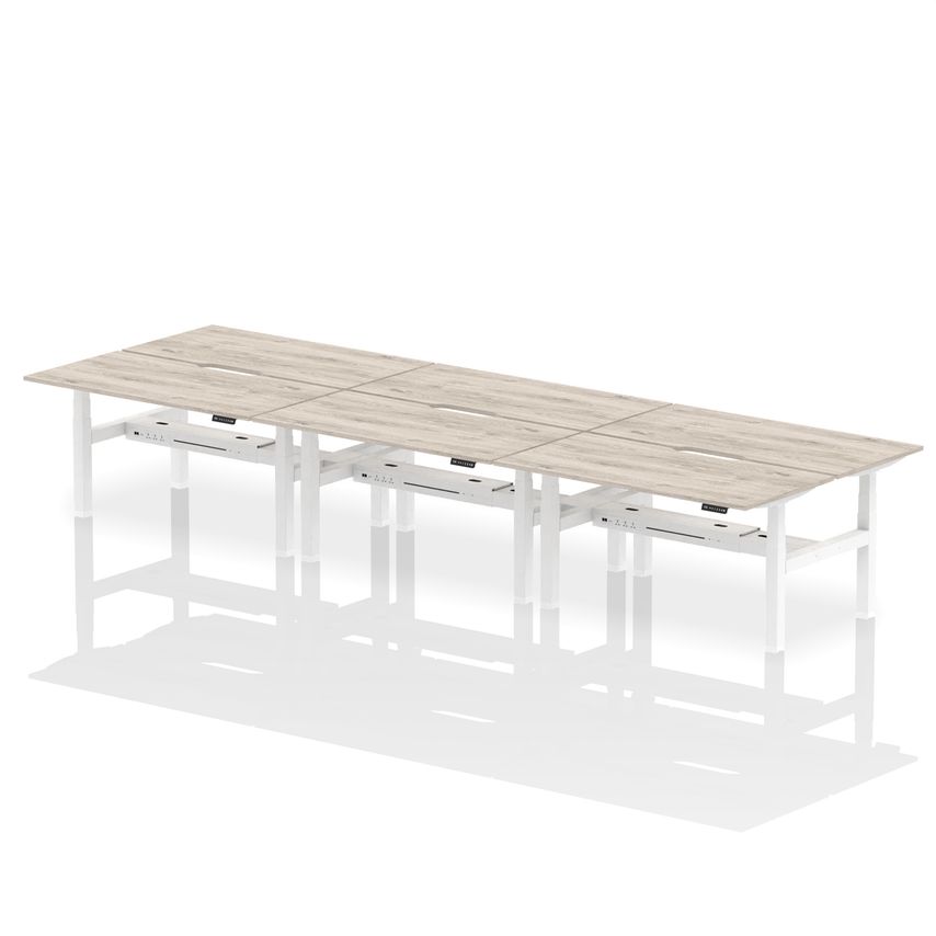 1600 x 800mm Height Adjustable 6 Person Bench Desk Grey Oak Top with Scalloped Edge White Frame