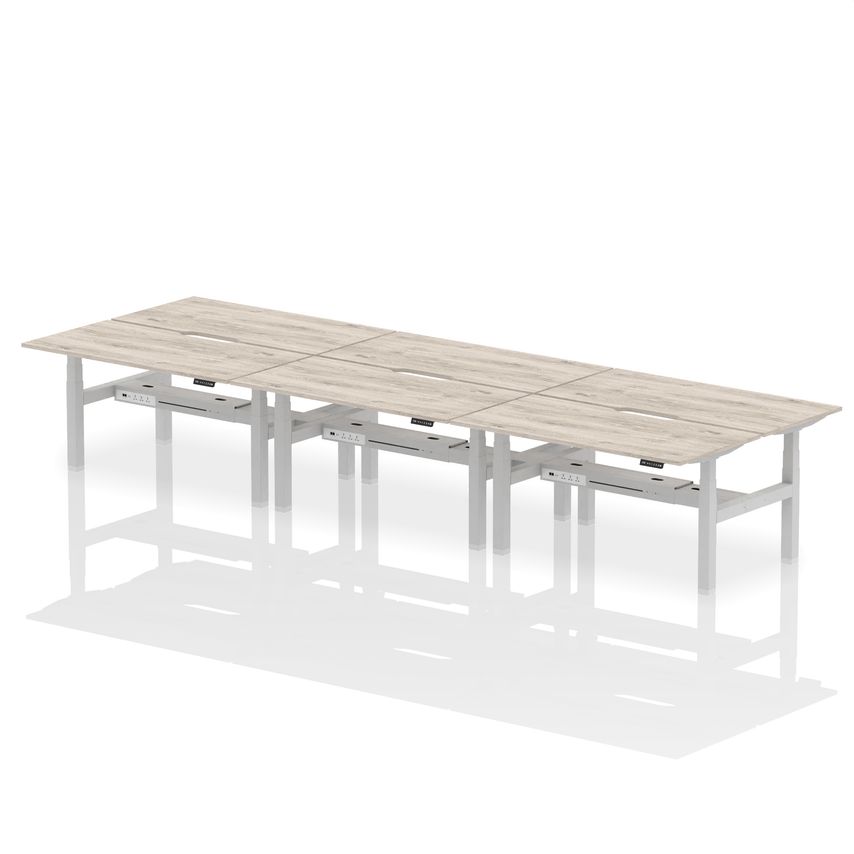 1600 x 800mm Height Adjustable 6 Person Bench Desk Grey Oak Top with Scalloped Edge Silver Frame