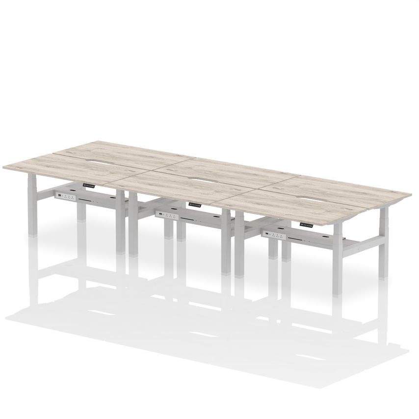 1400 x 800mm Height Adjustable 6 Person Bench Desk Grey Oak Top with Scalloped Edge Silver Frame