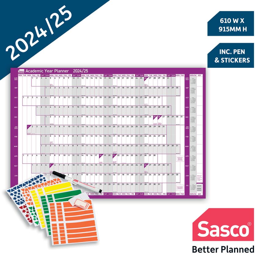 Shop Sasco Mounted Sasco 2024/25 Academic Year Wall Planner with Wet