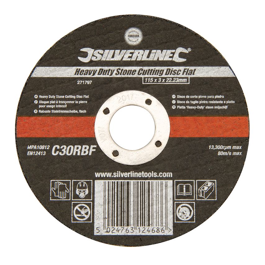 Silverline Heavy Duty Stone Cutting Disc Flat 115 X 3 X 22.23mm