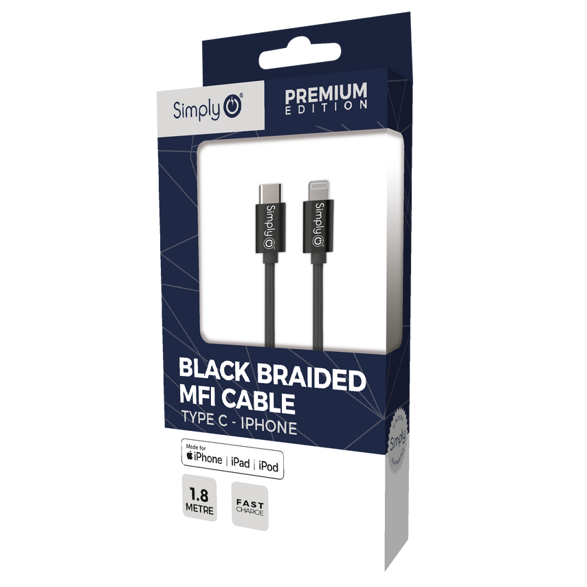 Simply MFI Type C iPhone Braided 1.8m Black - APL01- you get 7
