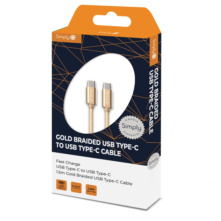 Simply Type C to Type C Gold Braided 1.5m Cable - TCTC03- you get 28