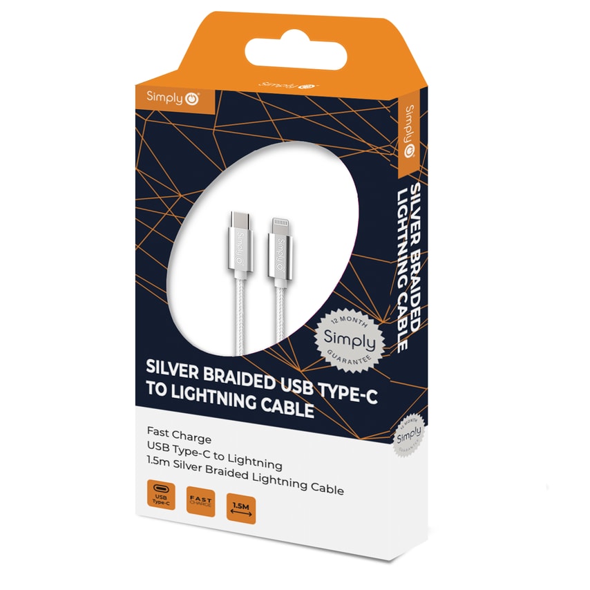 Simply Type C to iPhone Lightning Silver Braided 1.5m Cable - TCIP02- you get 18