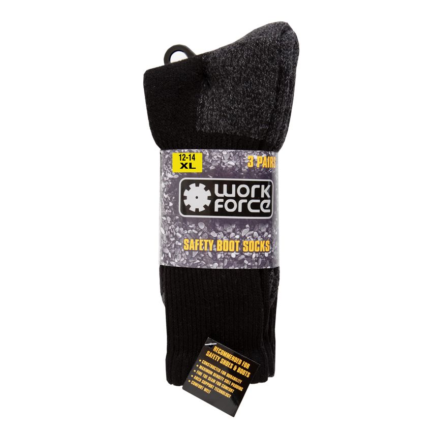 Workforce XL Heavy Duty Safety Boot 3 Pack Sock Black 12/14