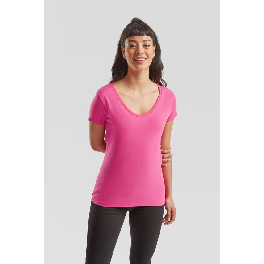 Fruit Of The Loom FotL Iconic 150 V Neck T-Shirt Ladies Fuchsia M