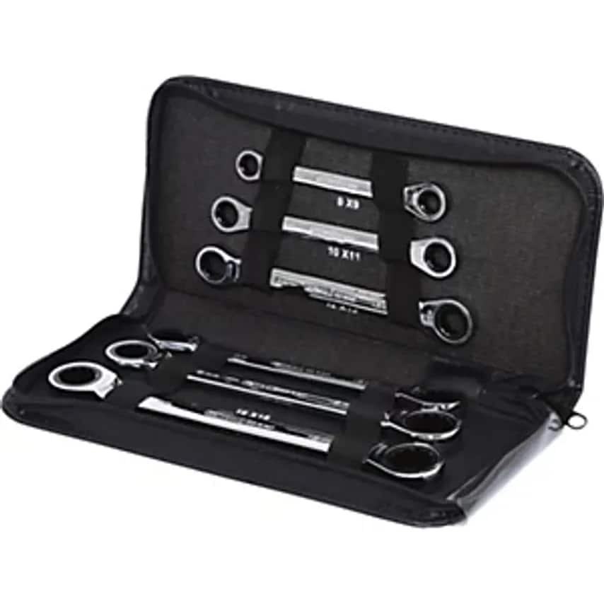 KS Tools GEARplus Double Ring Ratchet Spanner Set Leather Pouch 6 Parts