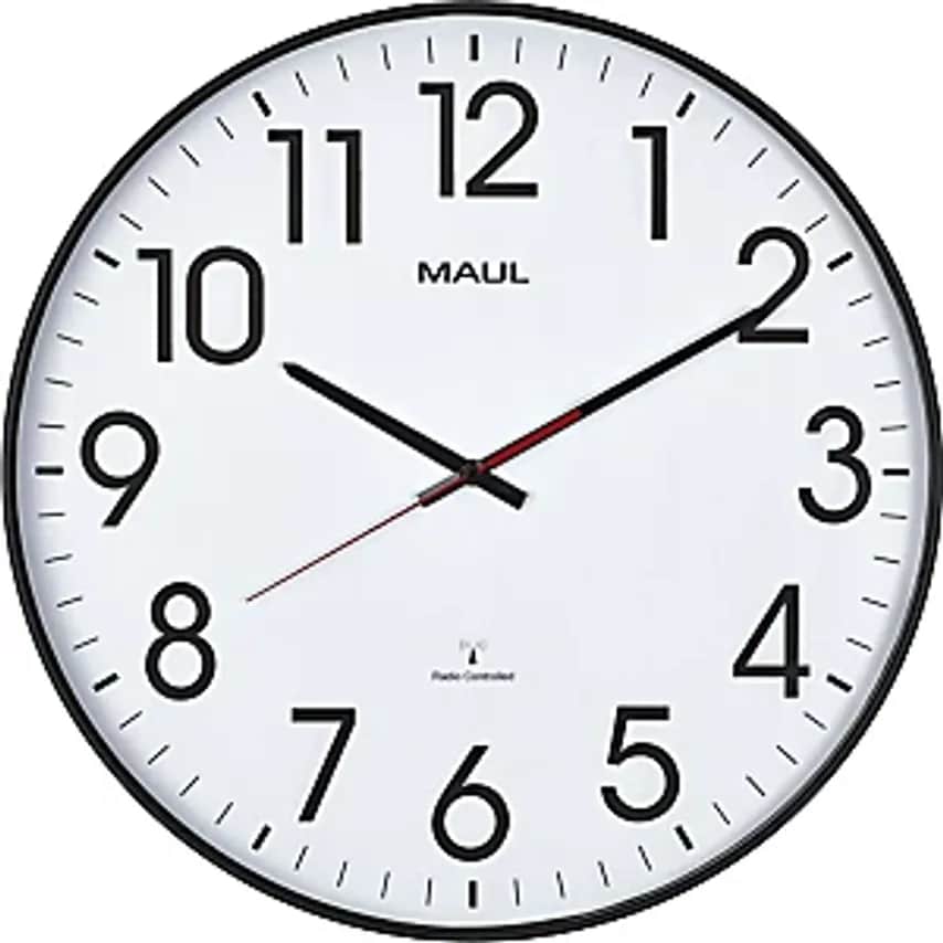 MAULclimb Wall Clock 470 mm Made of Plastic Black Frame Radio Synchronised Time Keeping Mechanism