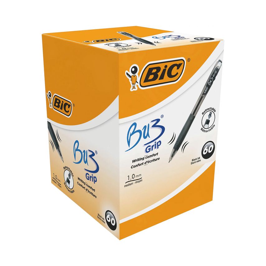 Bic BU3 Grip Retractable Ballpoint Pen (Pack of 60) Black - 996683