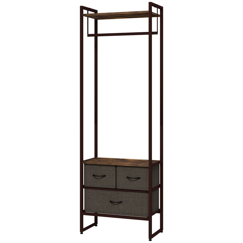 HOMCOM Free Standing Clothes Rail Garment Rack with 3 Fabric Drawers Rustic Brow