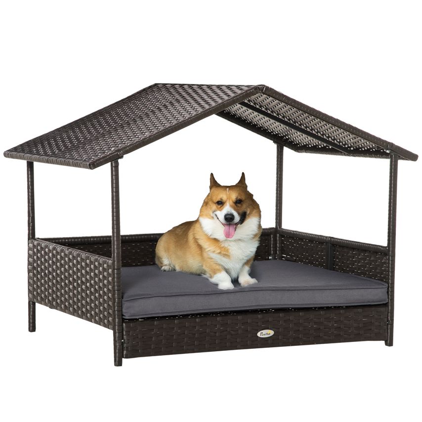 Wicker Dog House Rattan Pet Bed with Soft Cushion Cat Basket