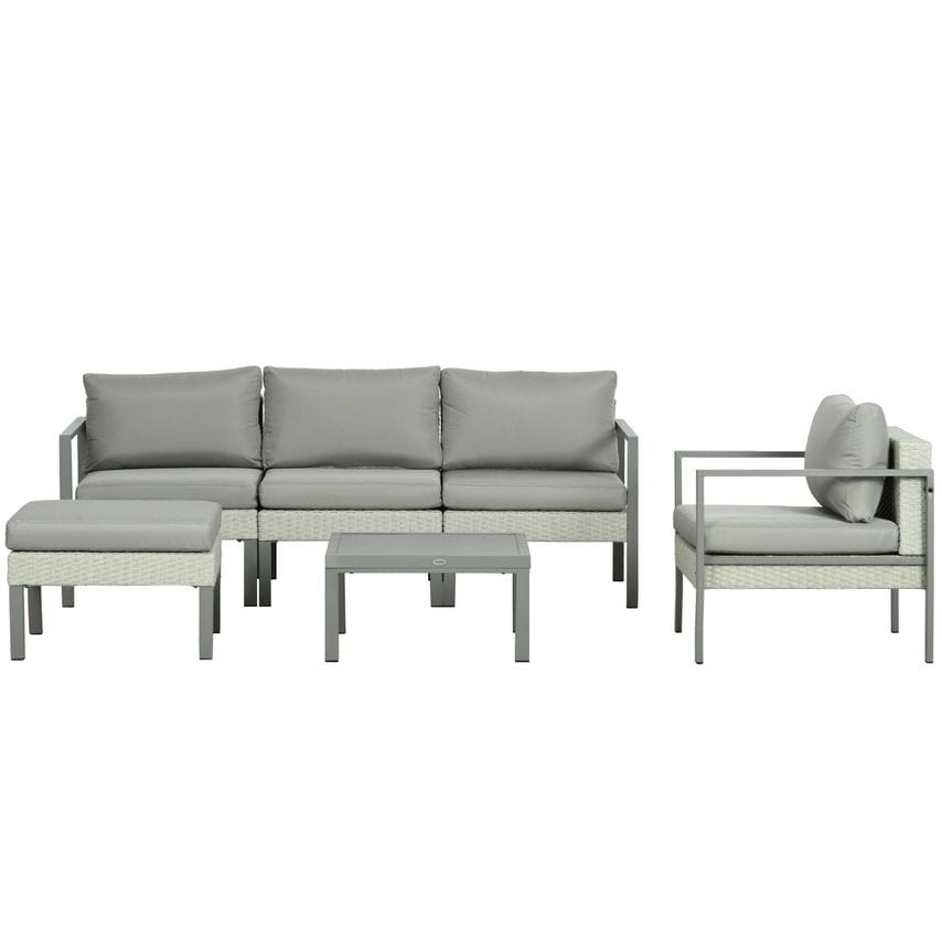 6 Piece Rattan Garden Furniture Set with Table, Cushions and Stool