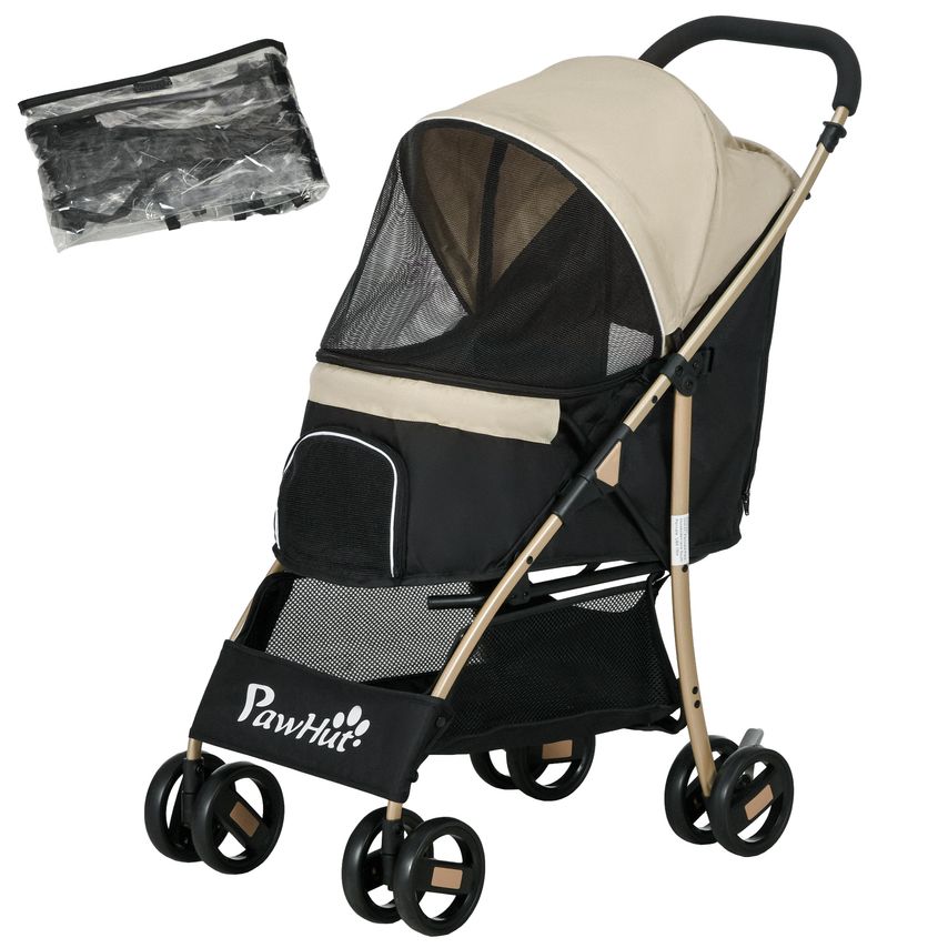 PawHut Pet Stroller for XS & S Dogs with Rain Cover - Khaki