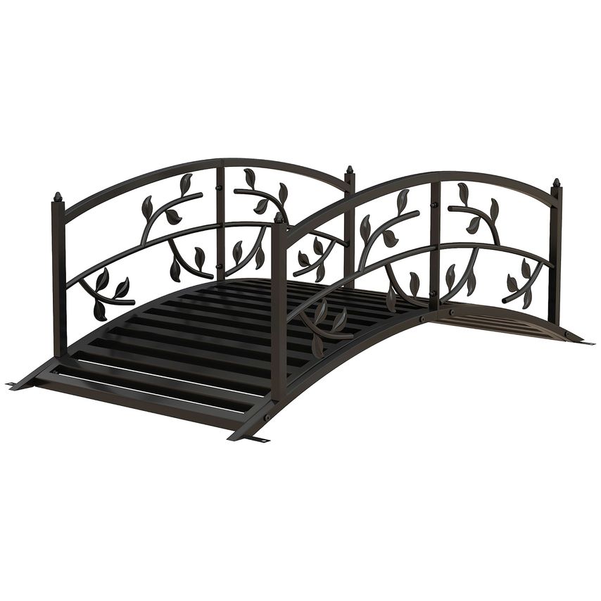 1.2m Metal Garden Bridge with Safety Railings Decorative Vine Pattern Black