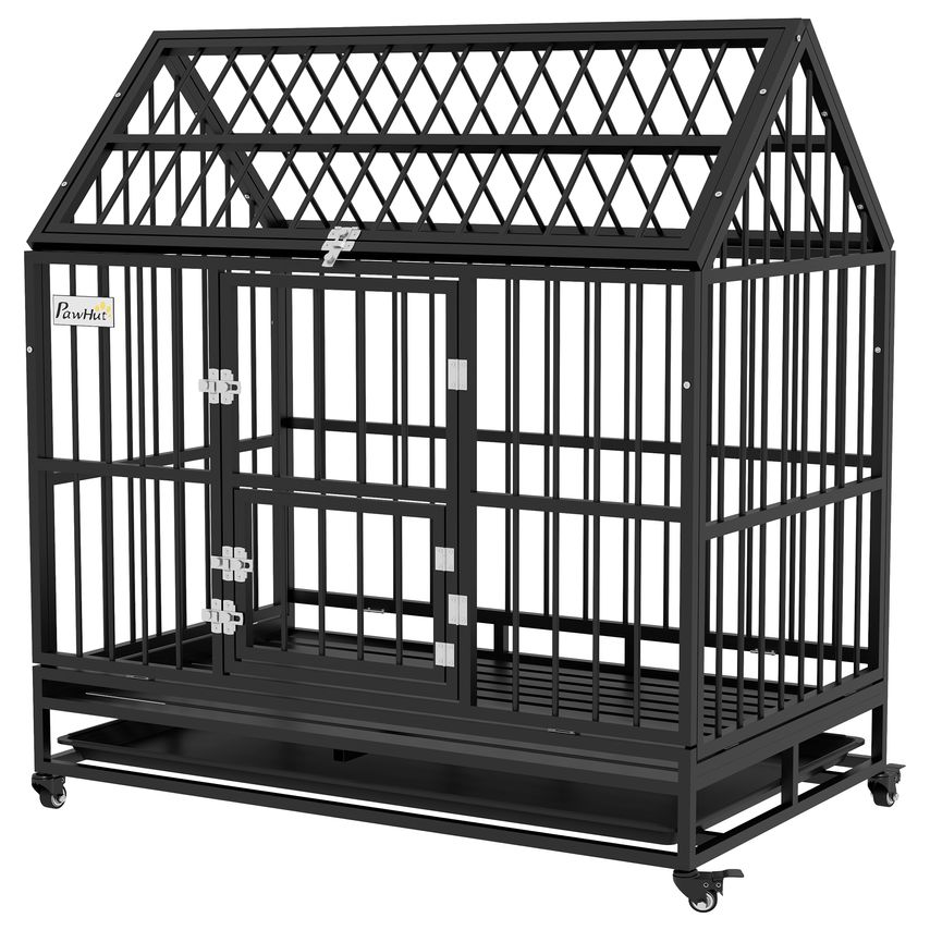 48" Heavy Duty Dog Crate on Wheels with Removable Tray Openable Top