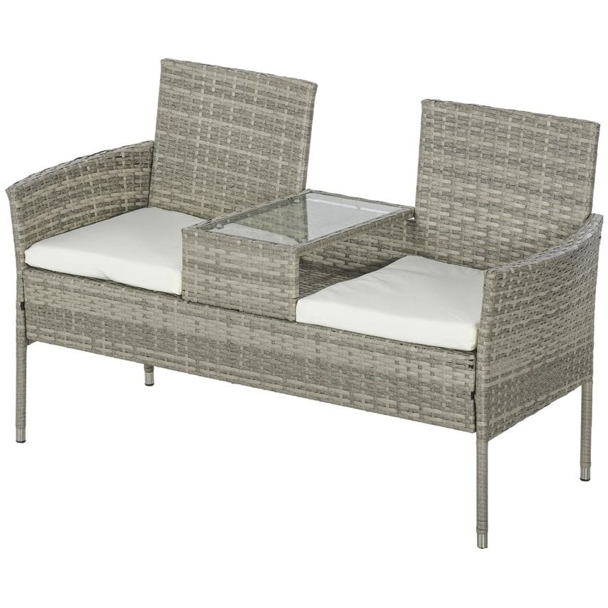Outsunny Rattan Garden Bench with Glass Tea Table Patio Wicker Chair with Cushio