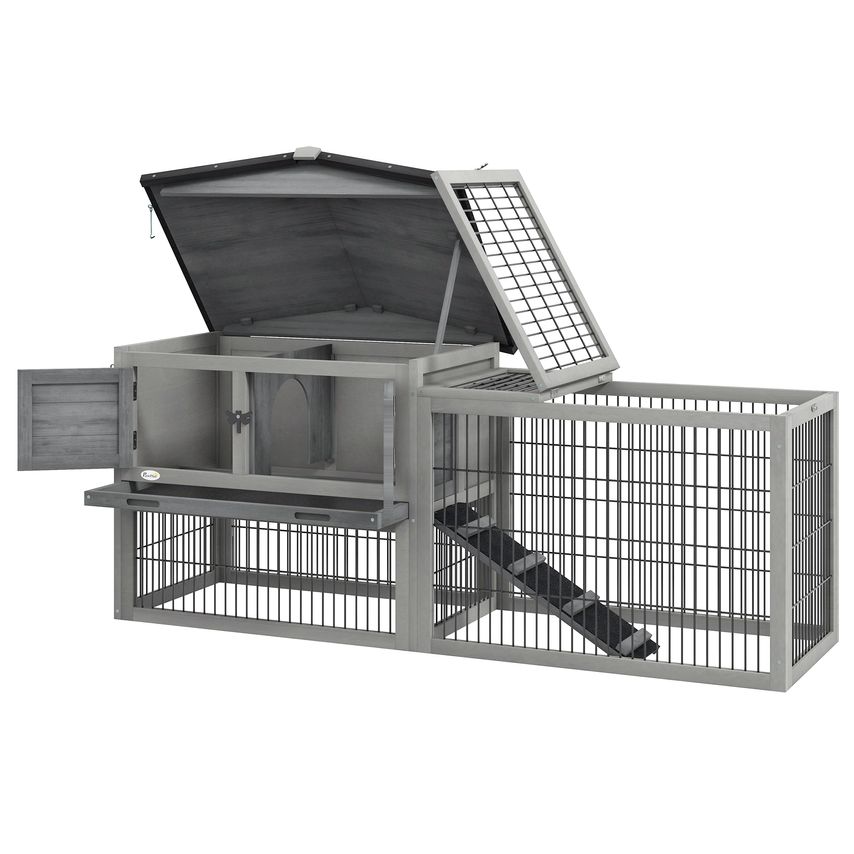 Wooden Rabbit Hutch with Run Asphalt Roof Pull-Out Tray Ramp Grey