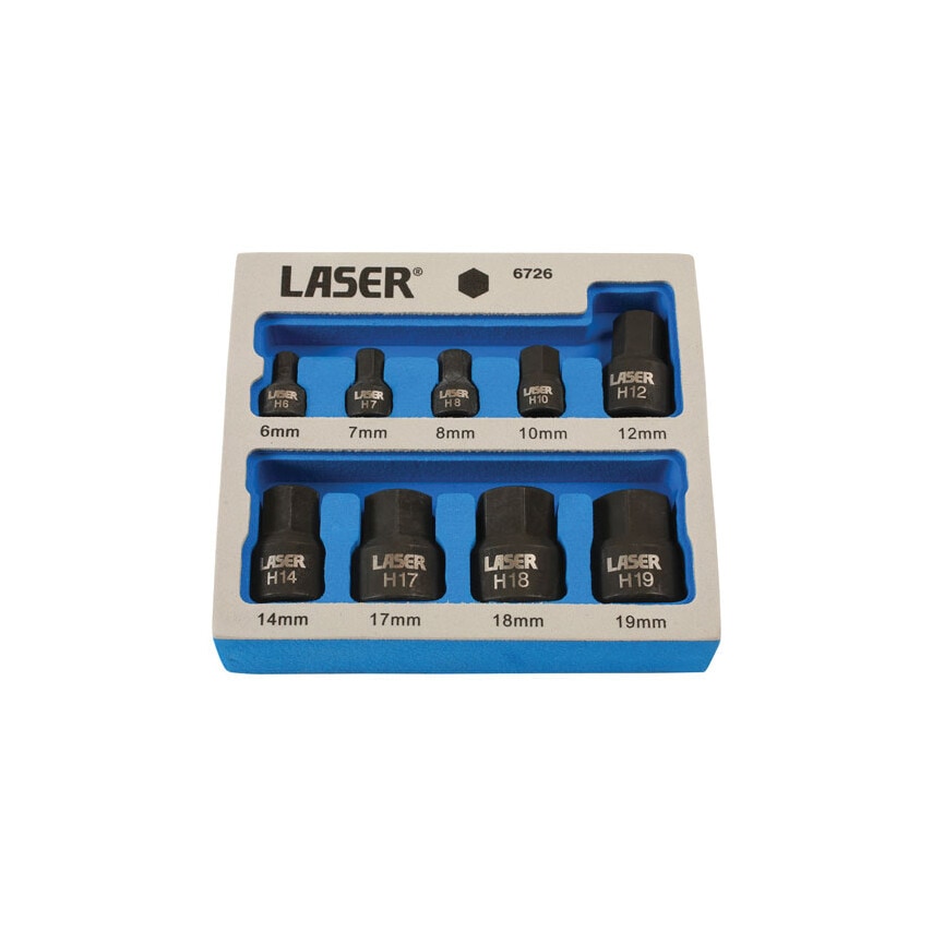 Laser Tools 6726 Low Profile Impact Hex Socket Bit Set 1/4"D 3/8"D 9 Piece