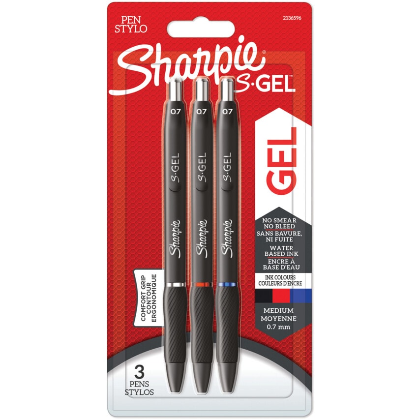 Sharpie S-Gel Medium Gel Pen, 0.7mm Nib Size, Blue & Red Ink (Pk-3)