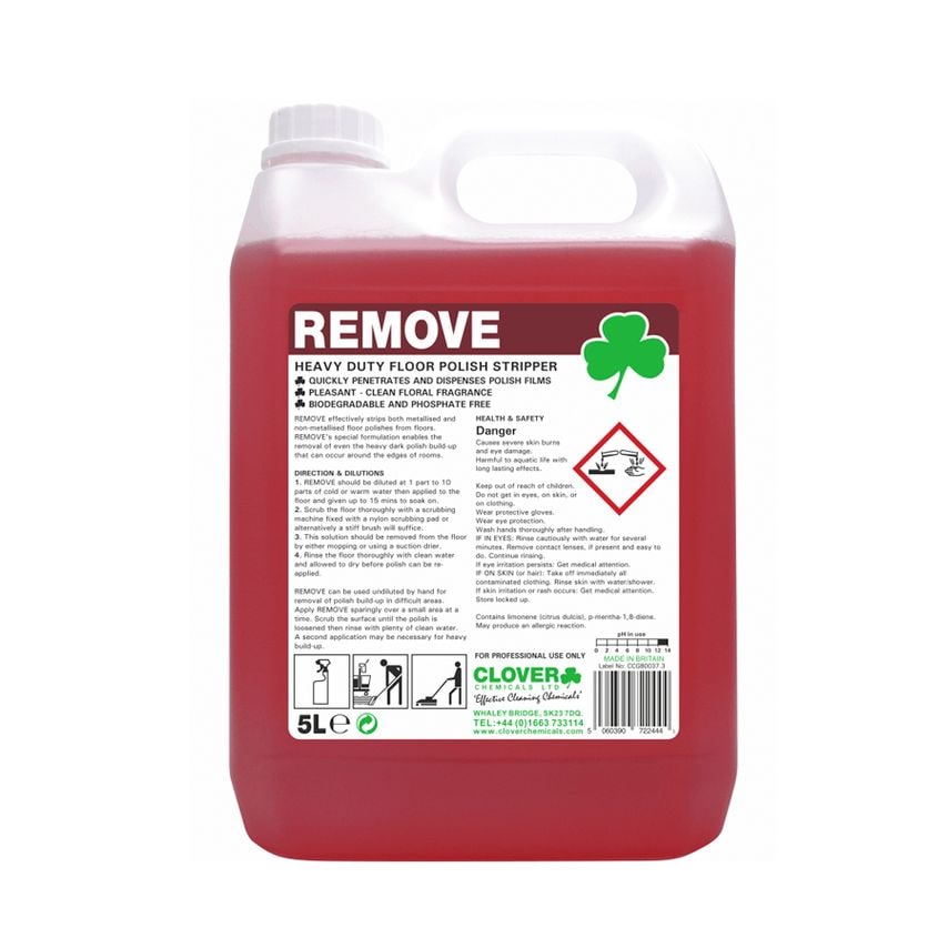 Clover Chemicals Remove Heavy Duty Floor Polish Stripper 5L Pack of 2