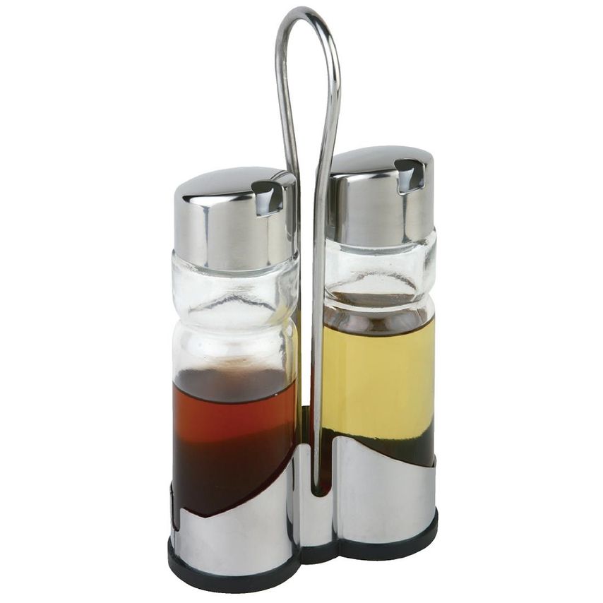Cruet Set And Stand Stainless Steel Holder With Black Plastic Base
