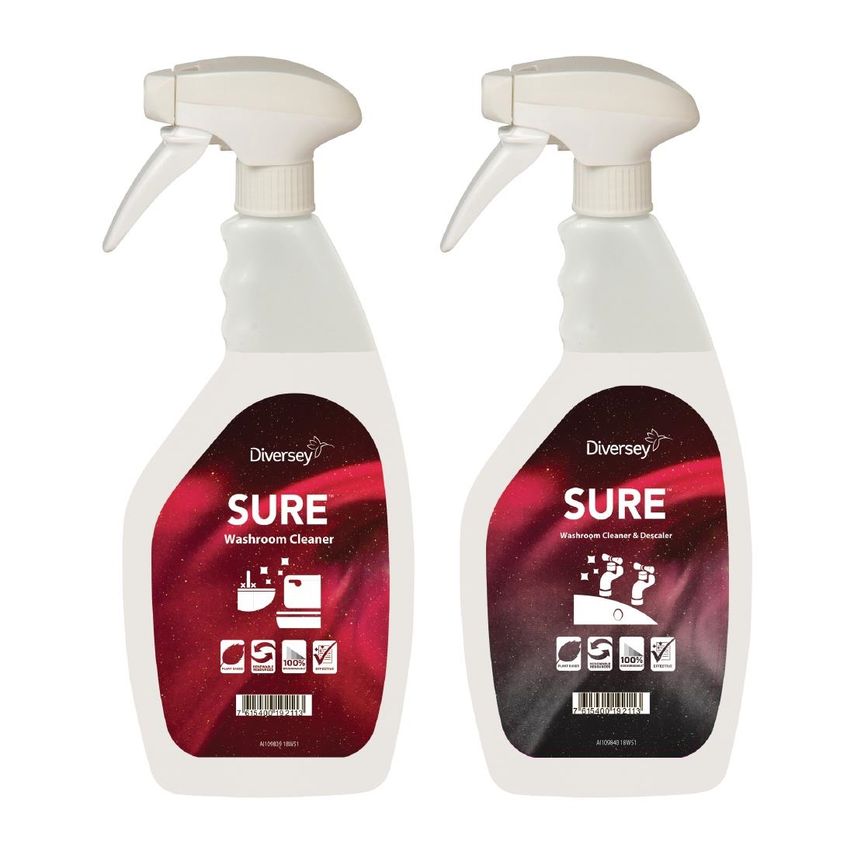 Diversey Sure Washroom Cleaner/Cleaner and Descaler Refill Bottles 750ml (6 Pack