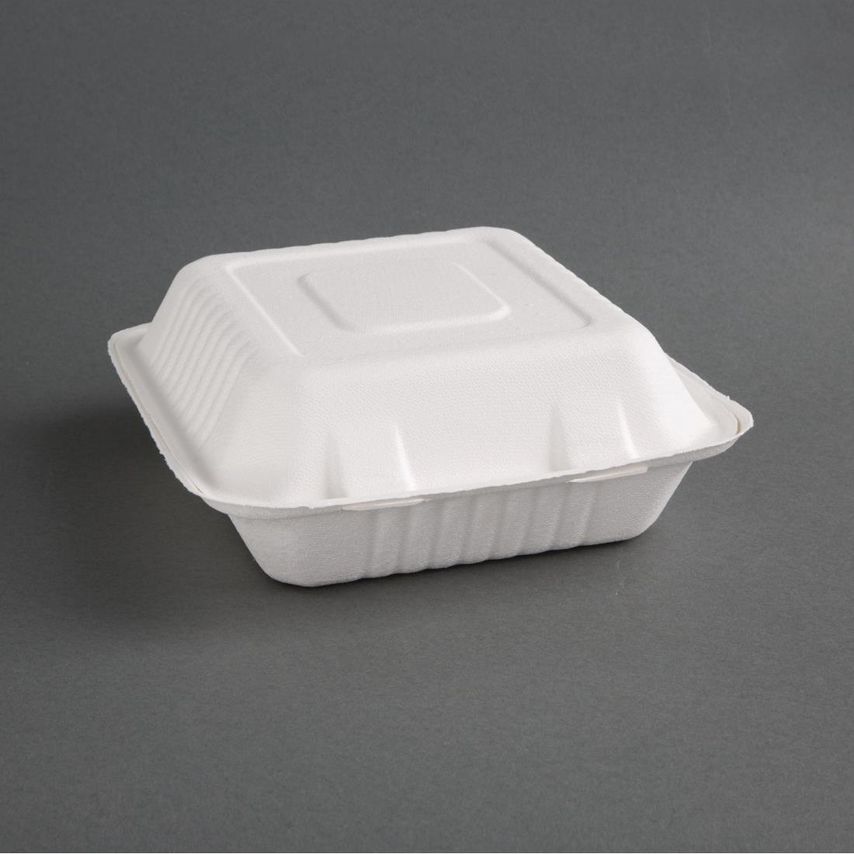 Fiesta Compostable Bagasse Hinged 3-Compartment Food Containers 201mm (Pack of 2