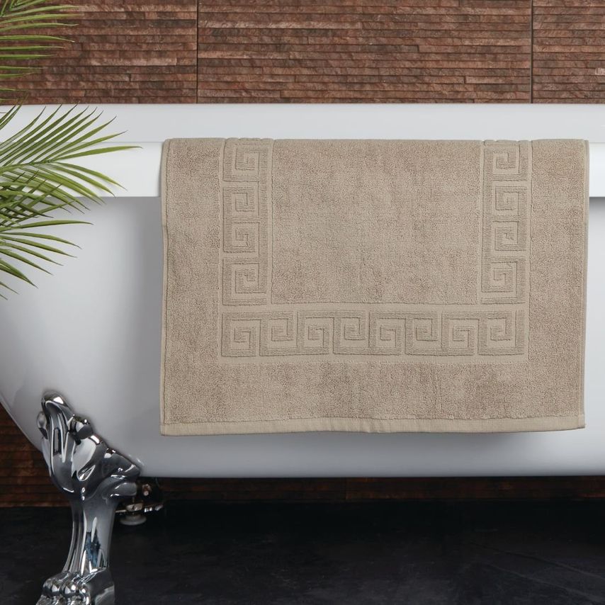 Mitre Essentials Nova Bath Mat Sand - 700GSM Cotton, Grecian Key Design