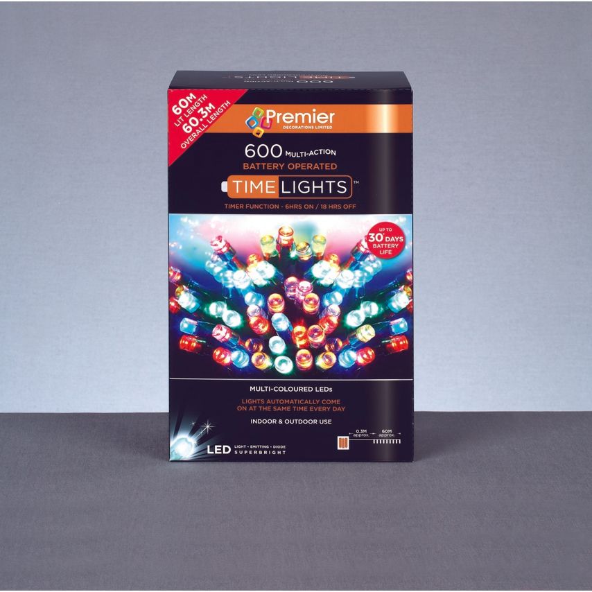 Premier Multi Action Battery Operated Timelights 600 LED Warm White/Green