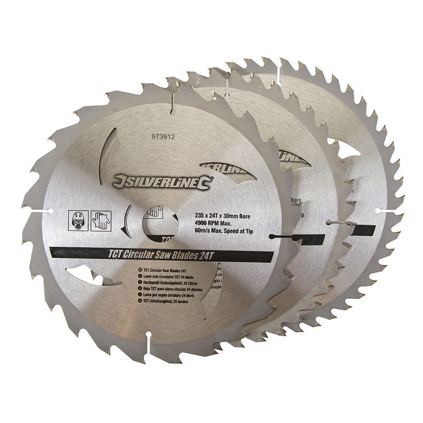 Silverline TCT Circular Saw Blades (Pack of 3) 235 x 30 to 25, 16mm Rings