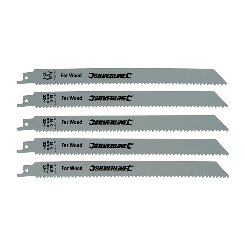 Silverline Reciprocating Saw Blades for Wood (Pack of 5) HCS 5TPI 240mm