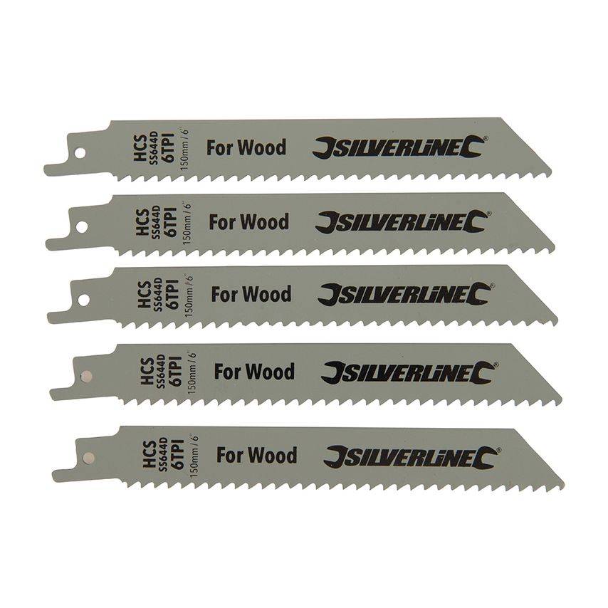 Silverline Reciprocating Saw Blades for Wood (Pack of 5) HCS 6TPI to 150mm