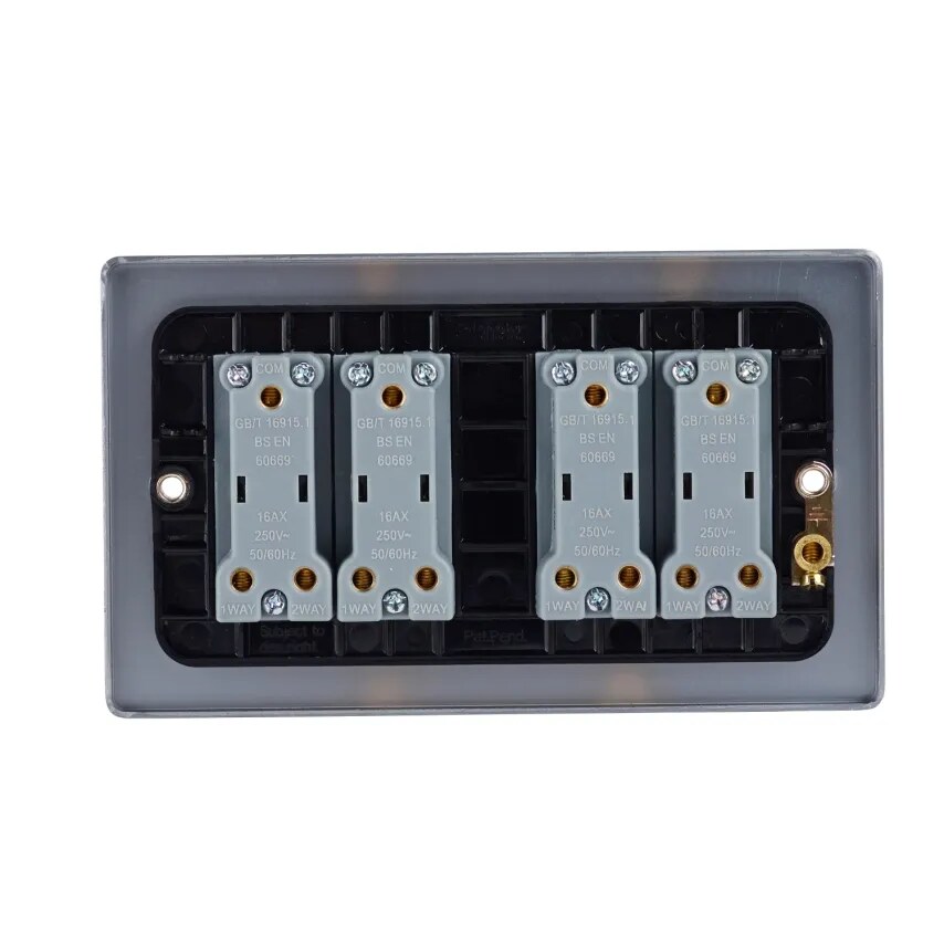 GET Plate Switch 4 Gang 2 Way Low Professional 16A x Brushed Chrome Black Insert