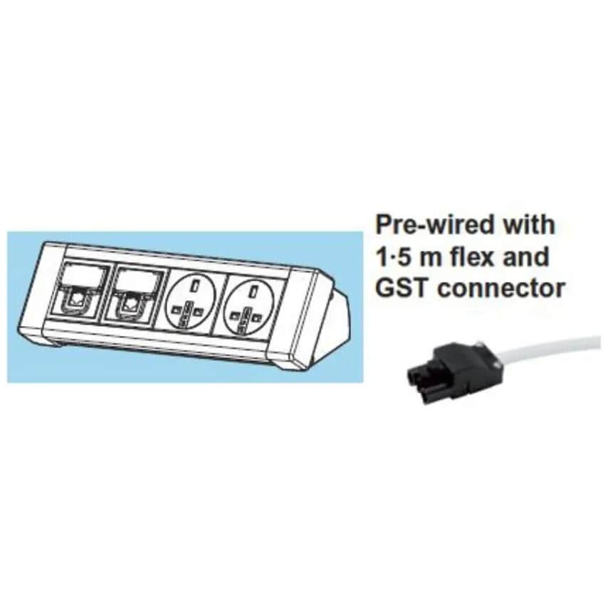 Electrak Desk Unit On-desk Module 2 Gang 3.15A 1.5M White GST and 2 x C6A 3M Cab