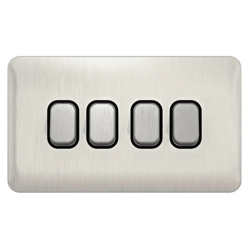 GET Plate Switch 4 Gang 2 Way Black Insert 10A x Stainless Steel