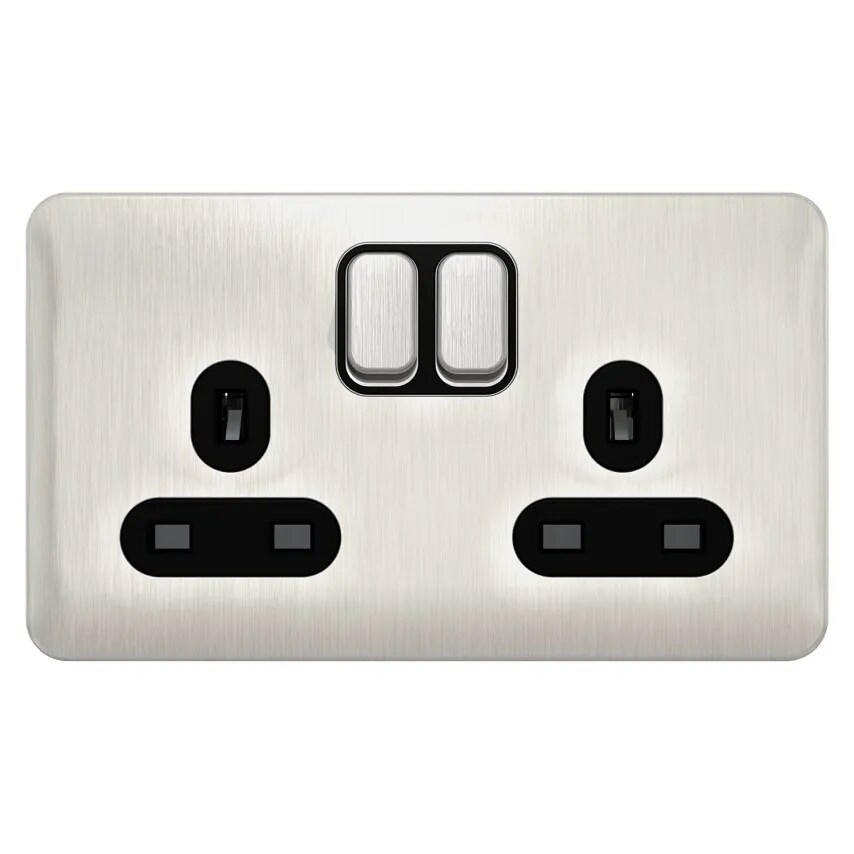 GET Socket 2 Gang DP Switched Black Insert 13A Stainless Steel