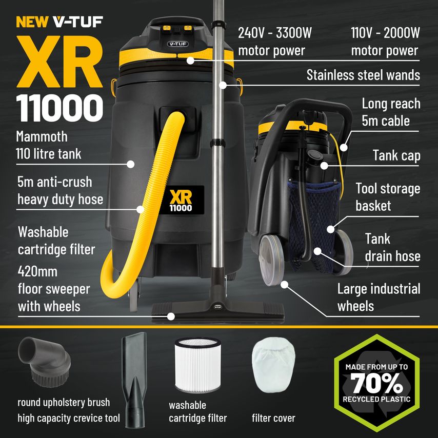 XR11000 240V 110 Liter 3000W Vacuum Cleaner + 15M Hose + 25M Cable
