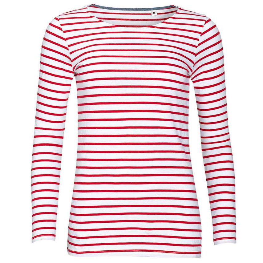 SOL'S Ladies Marine Long Sleeve Striped T-Shirt Ladies White/Red - 01403 WH/RD X