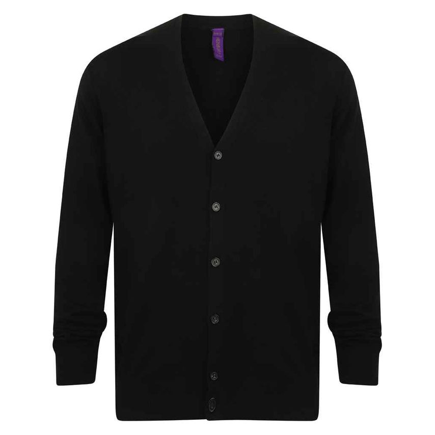Henbury Lightweight Cotton Acrylic V Neck Cardigan Mens Black H722 Black XS