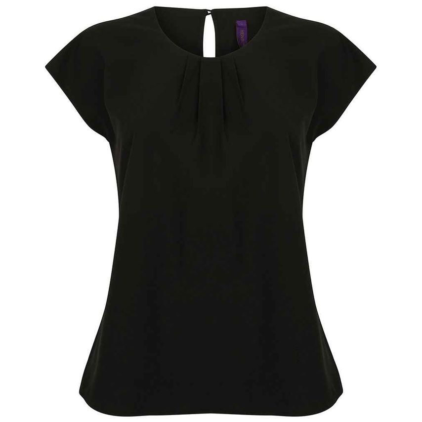 Henbury Ladies Pleat Front Short Sleeve Blouse Ladies Black H597 Black S