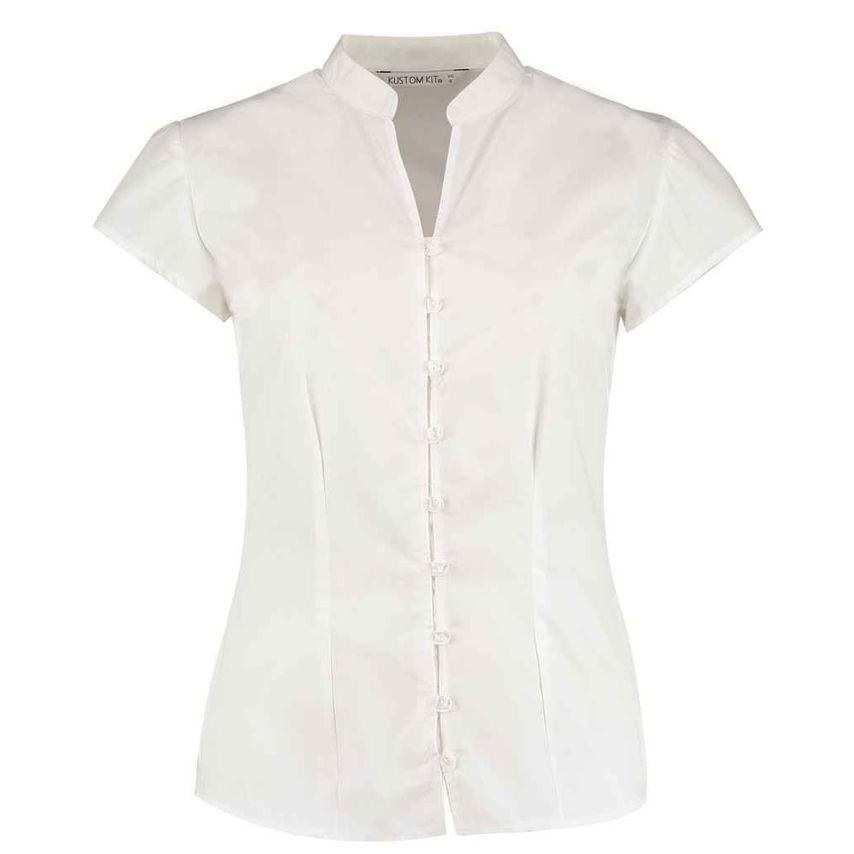 Kustom Kit Ladies Cap Sleeve V Neck Tailored Continental Blouse Ladies White - K