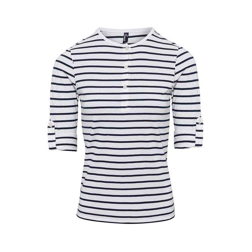Premier Ladies Long John Roll Sleeve T-Shirt Ladies White/Navy - PR318 WH/NV XS