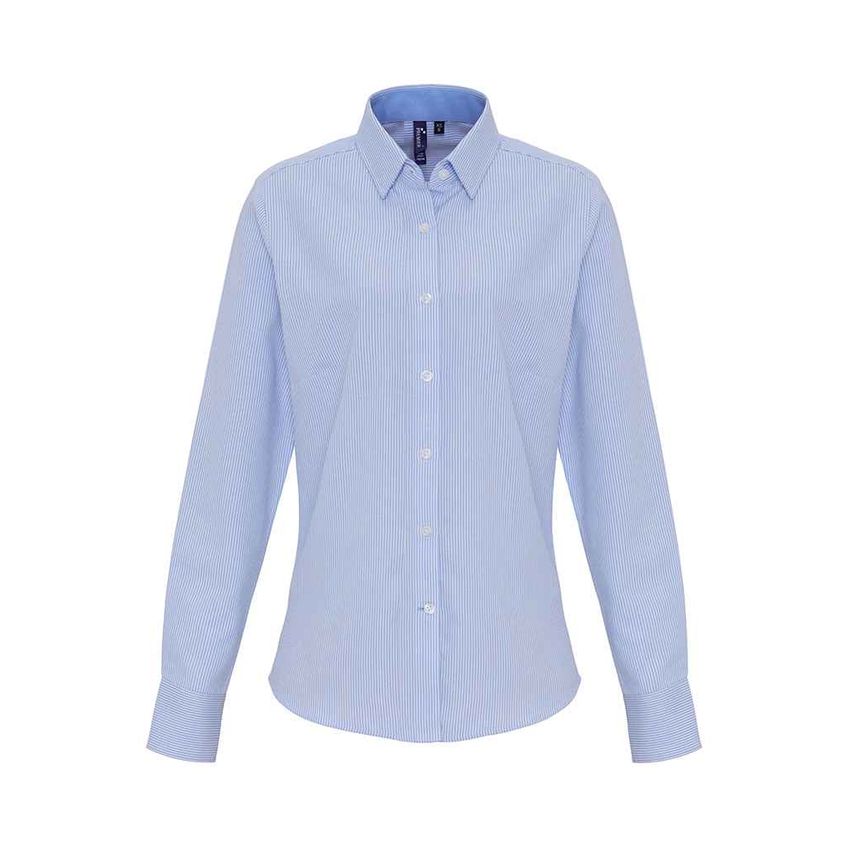 Premier Ladies Long Sleeve Striped Oxford Shirt Ladies White/Oxford Blue - PR338