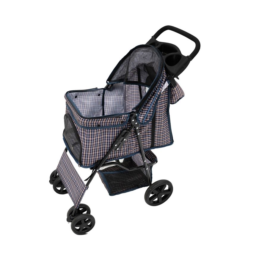 MonsterShop Pet Stroller with Rain Cover and Caddy Bag - Blue Tartan