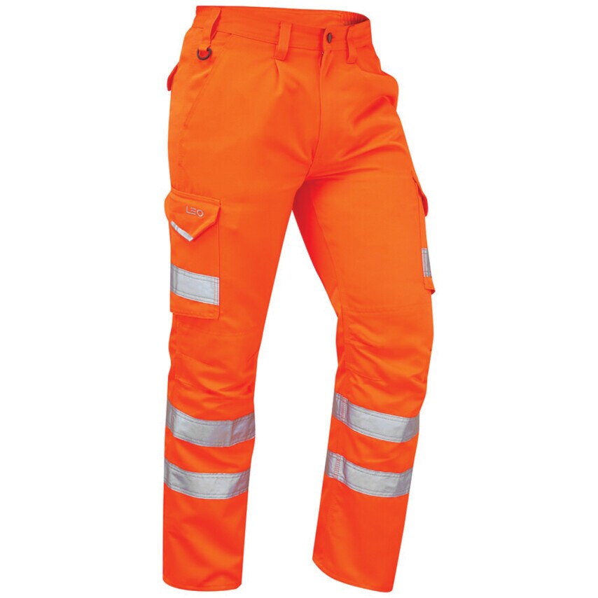 Leo Workwear Bideford ISO 20471 CL.1 Cargo Trousers Hi-Vis Orange - Size 32in Ta