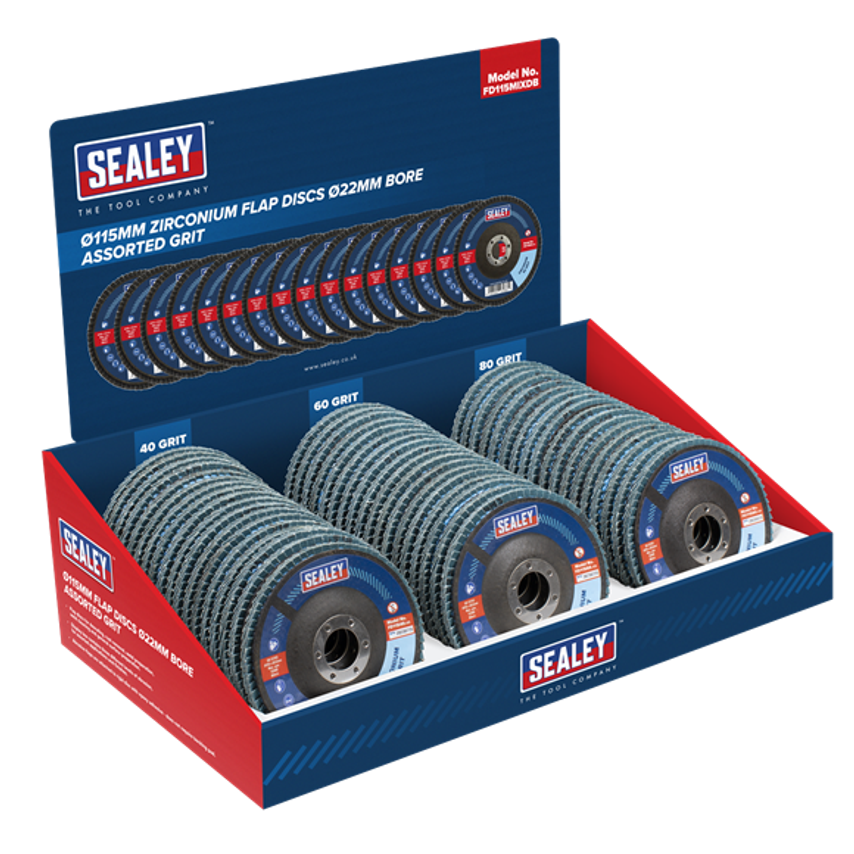 Sealey Assorted Grit Flap Discs Zirconium 115mm 22mm Bore - Display Box of 60