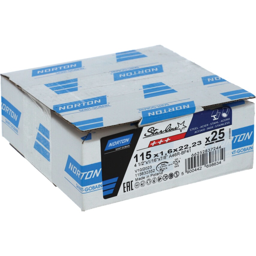 Norton Saint Gobain Steel/inox Flat Ultra Thin Cutting Disc 115X1.6X22.23mm Pack