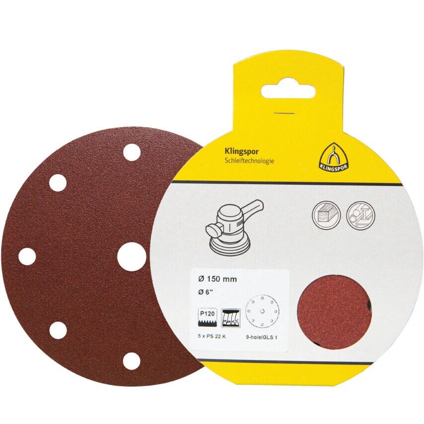 Klingspor PS22K Self-Fastening Paper Disc 150mm P24 9 Hole (Pack of 50)
