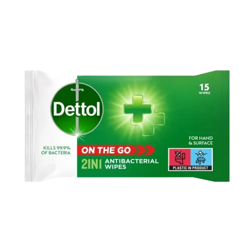on The Go 2in1 Anti-Bacterial Wipes for Hand and Surfaces (Pack of 15)